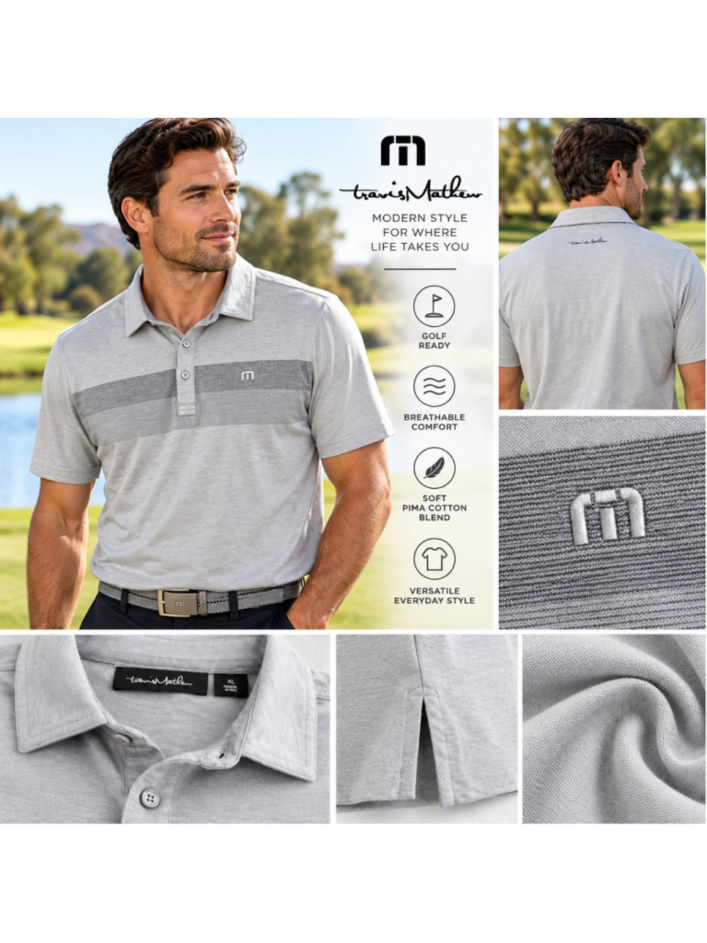 TravisMathew Men’s XL Gray Pima Cotton Colorblock Golf Polo Shirt
